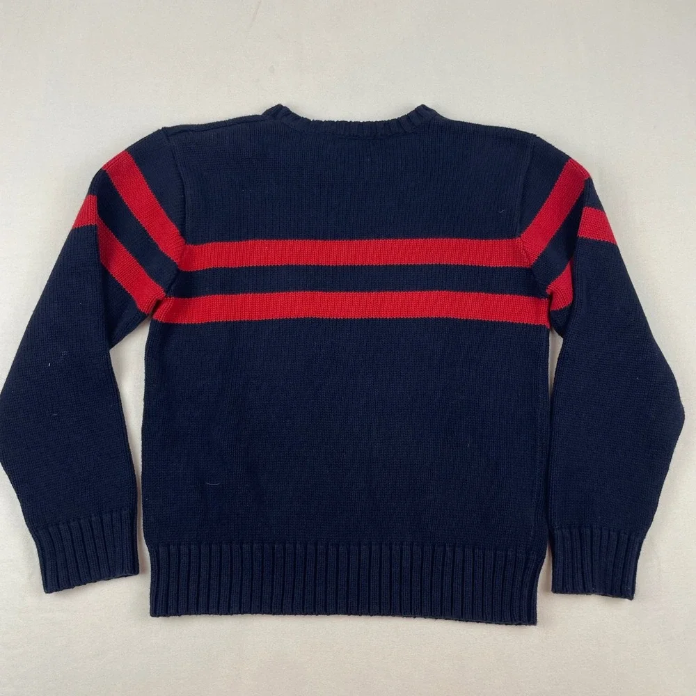 Polo Ralph Lauren Kids Navy Blue Red Striped Cotton Knit Crewneck Sweater Small